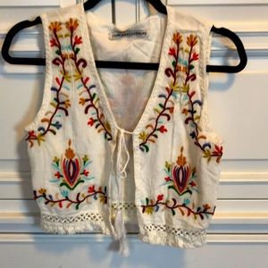 Boho Embroidered Cream Vest with tie front and fringe hemline